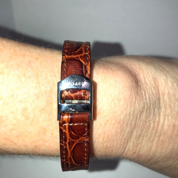 VISAGE Polished Nickel Scallop Face Brown Leather Vintage Analog Tank Watch EUC - Picture 9 of 16